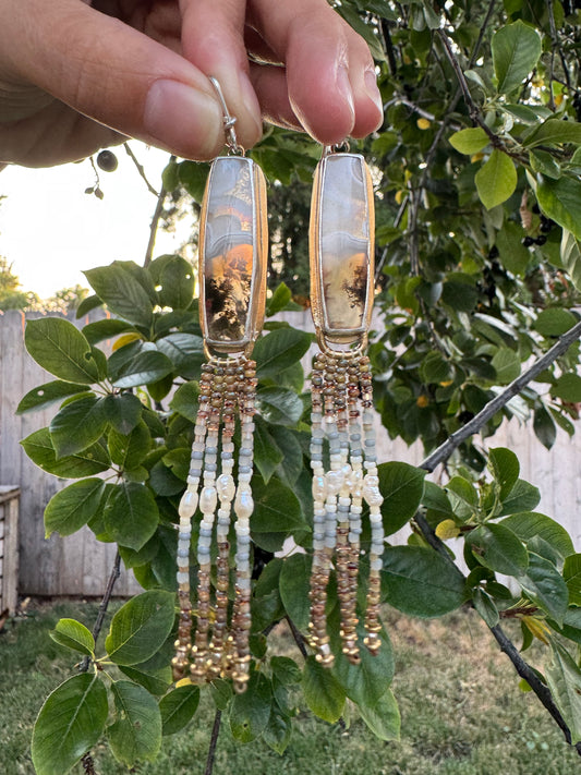 Sandstone Bar Fringe Earrings | Moss Agate Gemstones + Silver Beaded Fringe