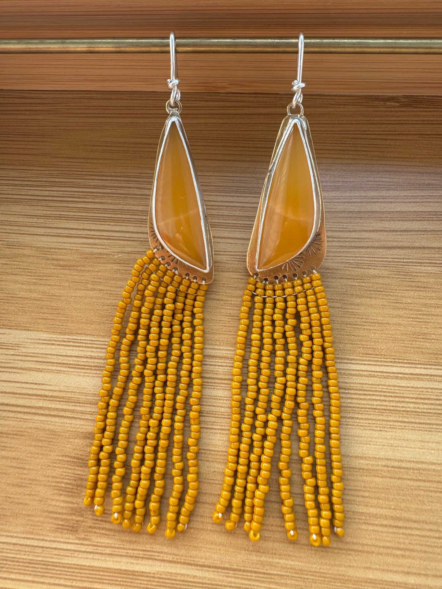 Amber Glow Teardrop Earrings | Yellow Jade Gemstones + Mustard Beaded Fringe