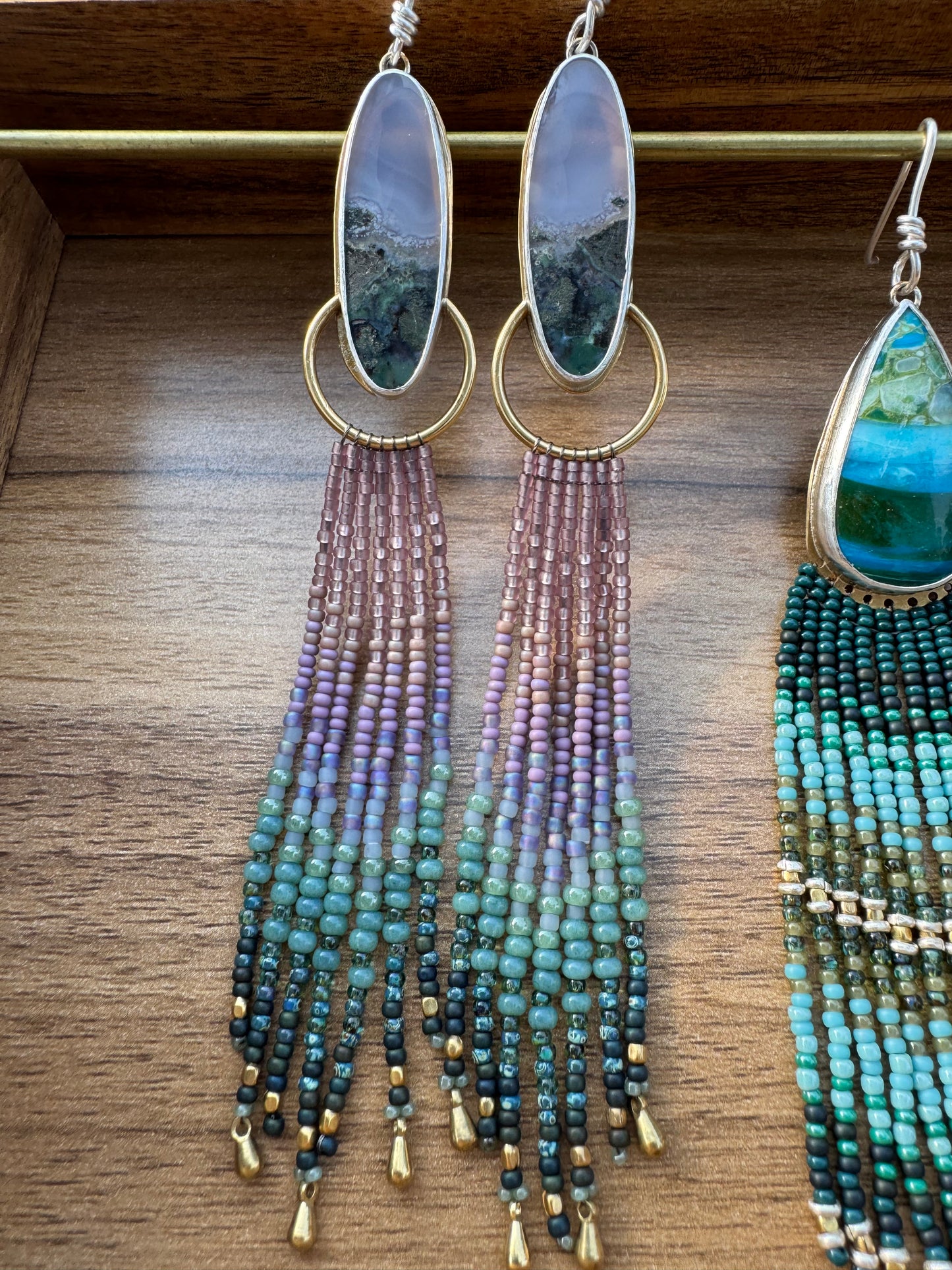 Mauve Mesa Oval Earrings | Purple Moss Agate Gemstones + Mauve Beaded Fringe