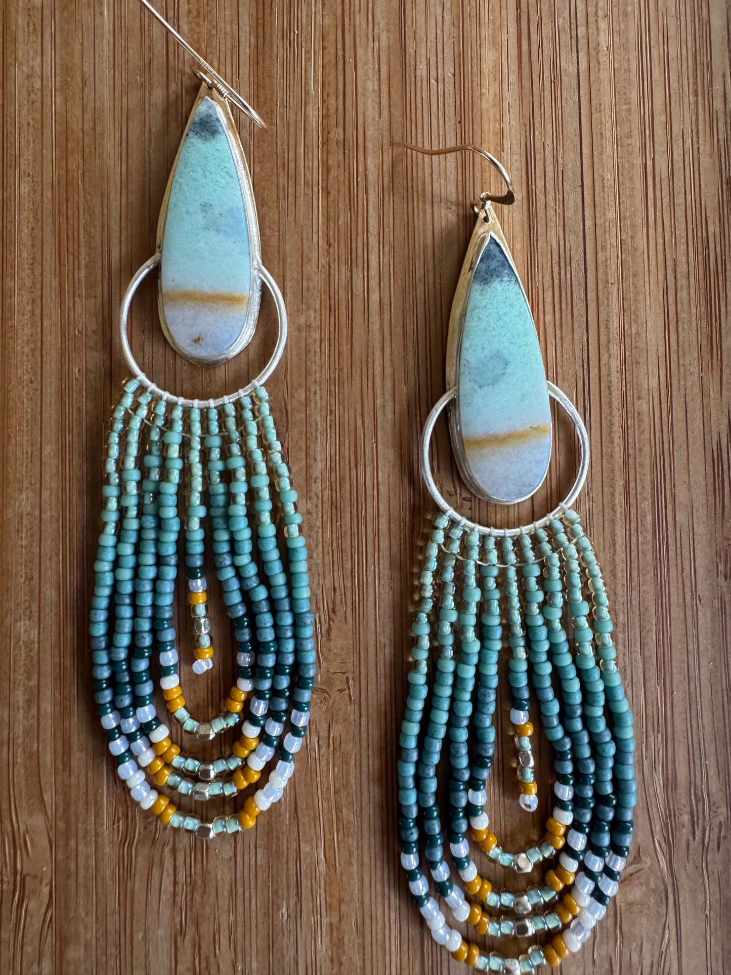 Blue Opalized Wood Ocean Tide Earrings