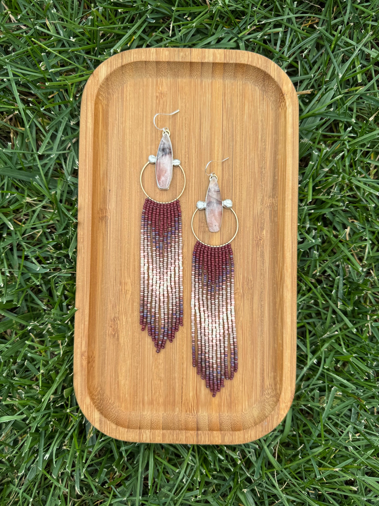 Desert Pink & Orange Jade Fringe Earrings | Long Sterling + Mauve Beadwork