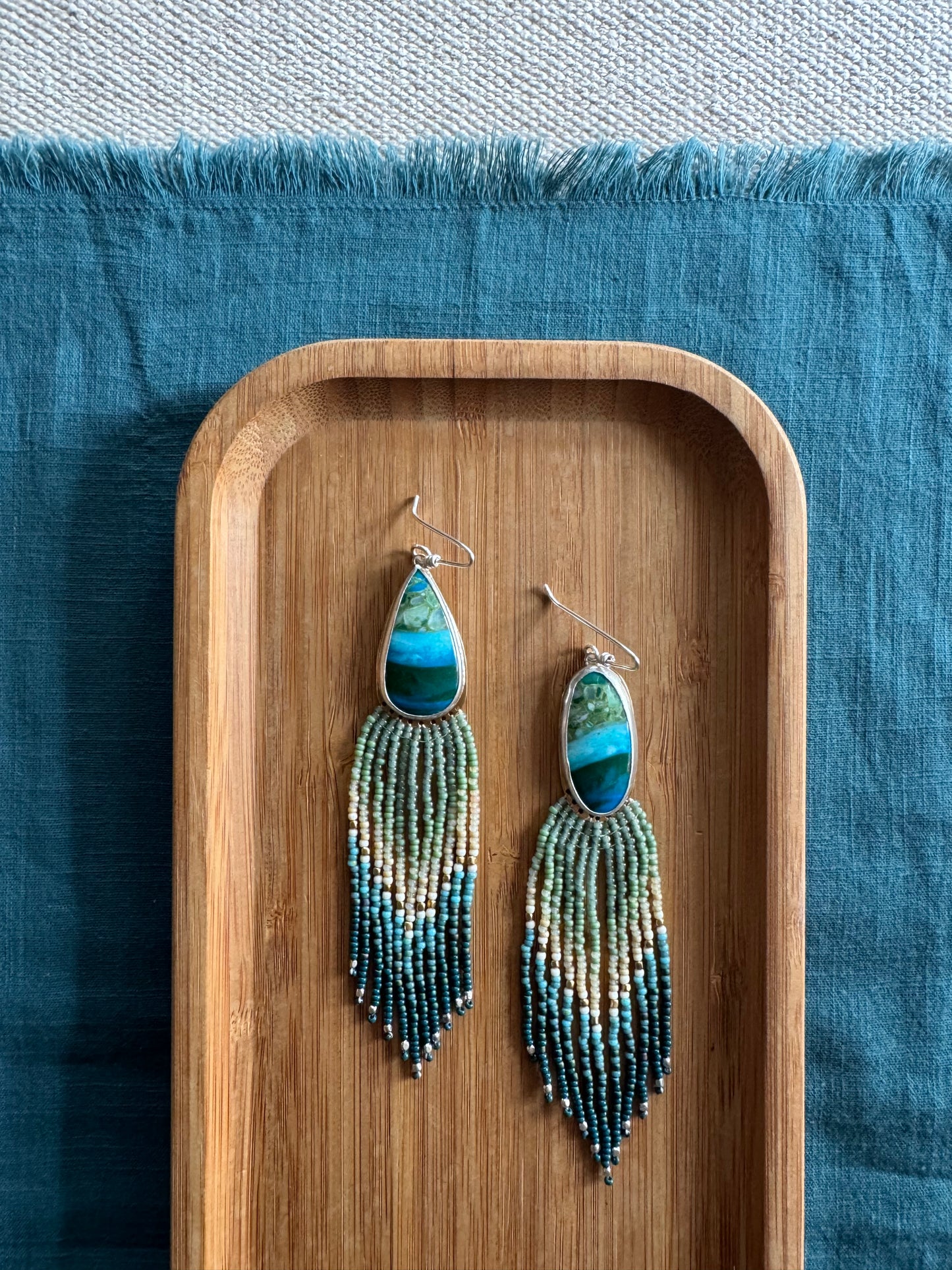 Turquoise Tide Teardrop Earrings | Blue Opalized Gemstones + Teal Beaded Fringe