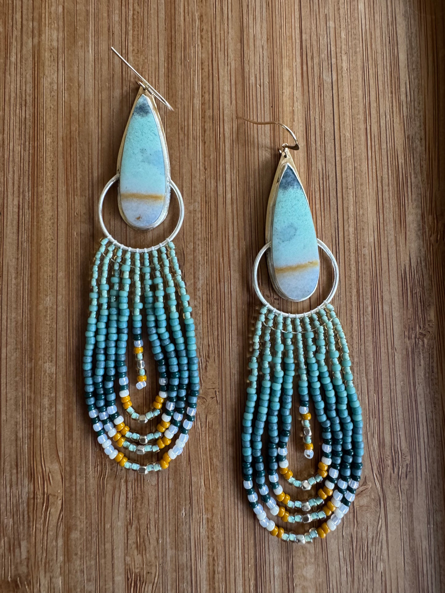 Blue Opalized Wood Ocean Tide Earrings