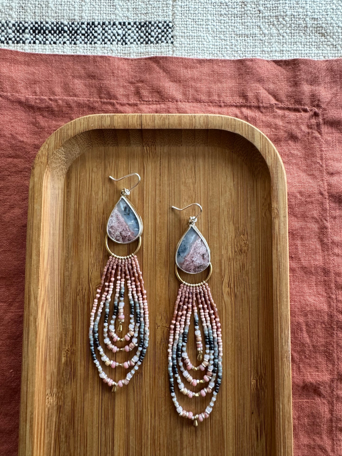 Rosewood Layered Teardrop Earrings | Agate Gemstones + Blush Beaded Fringe