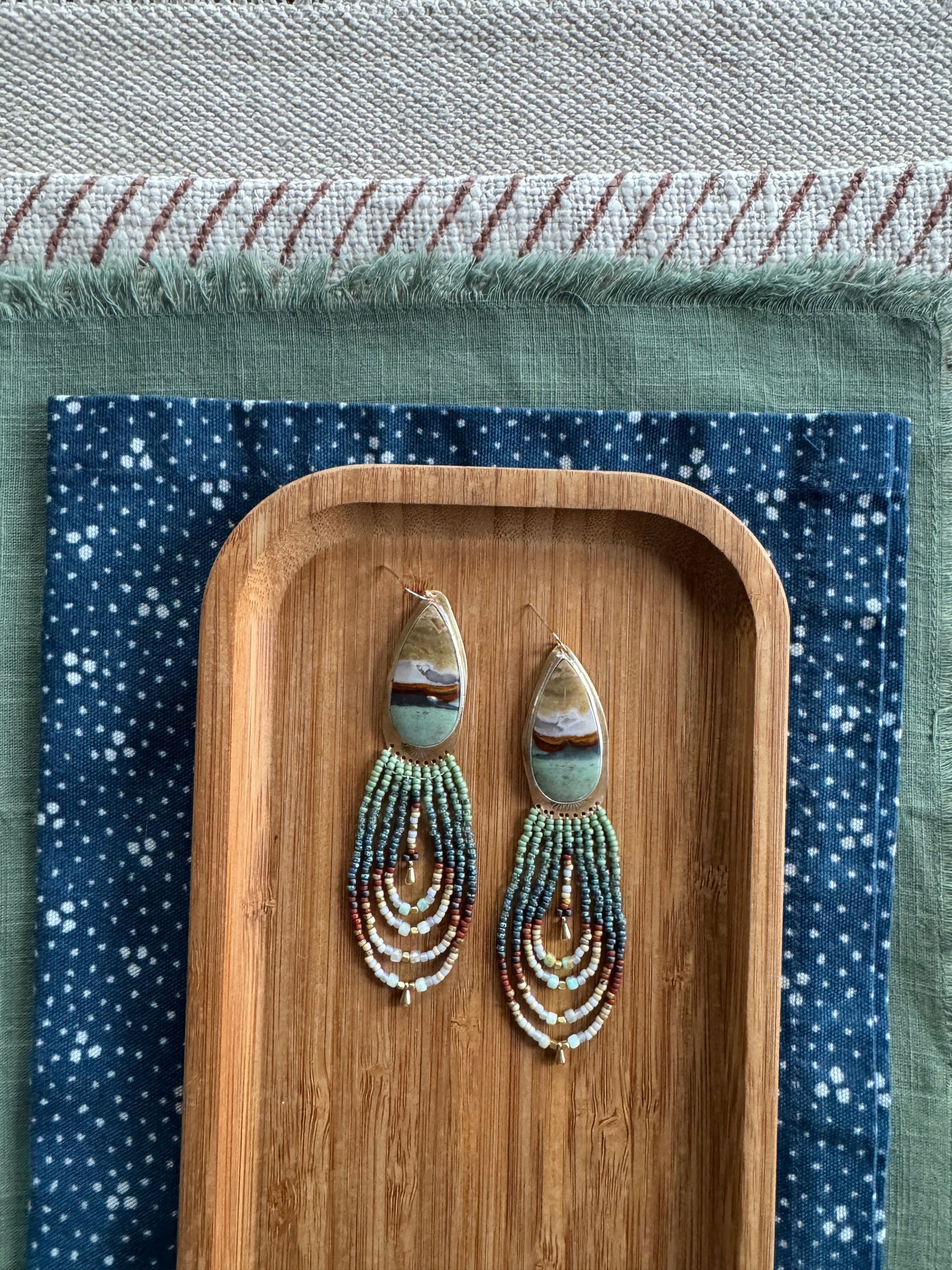 Riverstone Sky Fringe Earrings | Opalized Wood + Earth Beaded Dangles