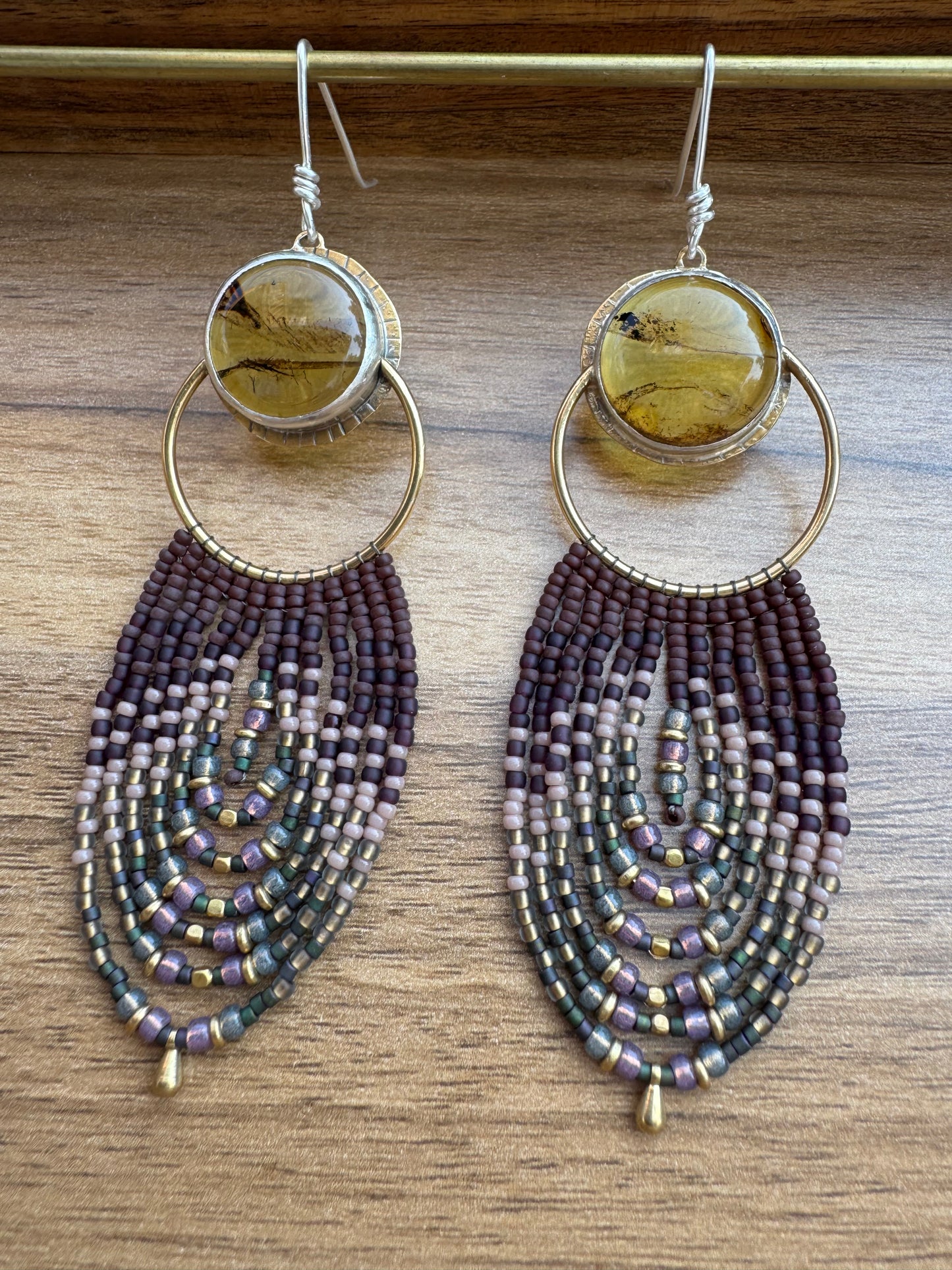 Golden Hollow Hoop Earrings | Amber Gemstones + Plum Beaded Fringe