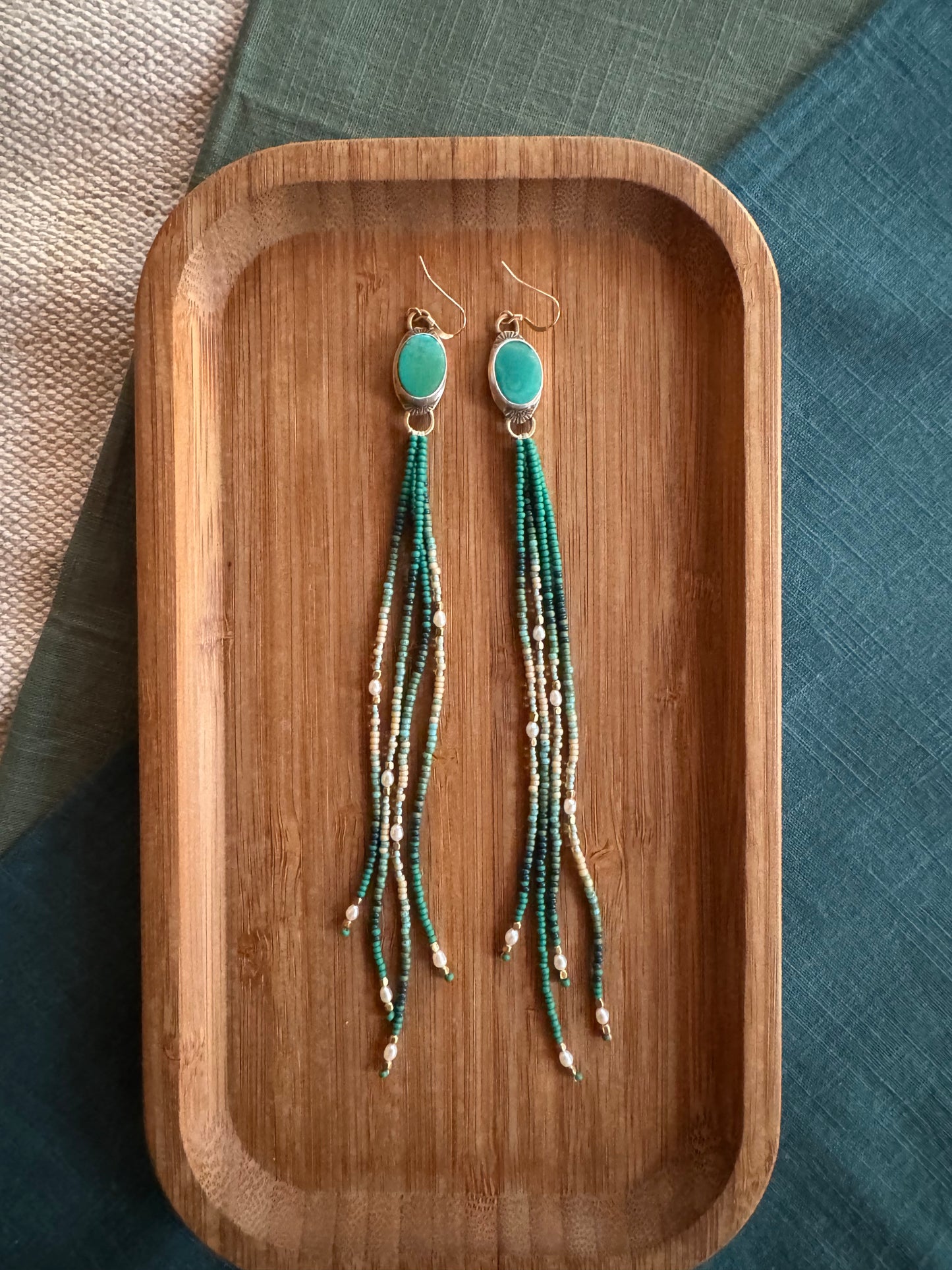 Evergreen Tide Fringe Earrings | Cloud Mountain Turquoise + Pearl Beaded Dangles