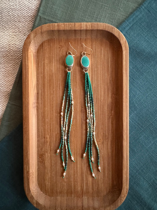 Evergreen Tide Fringe Earrings | Cloud Mountain Turquoise + Pearl Beaded Dangles