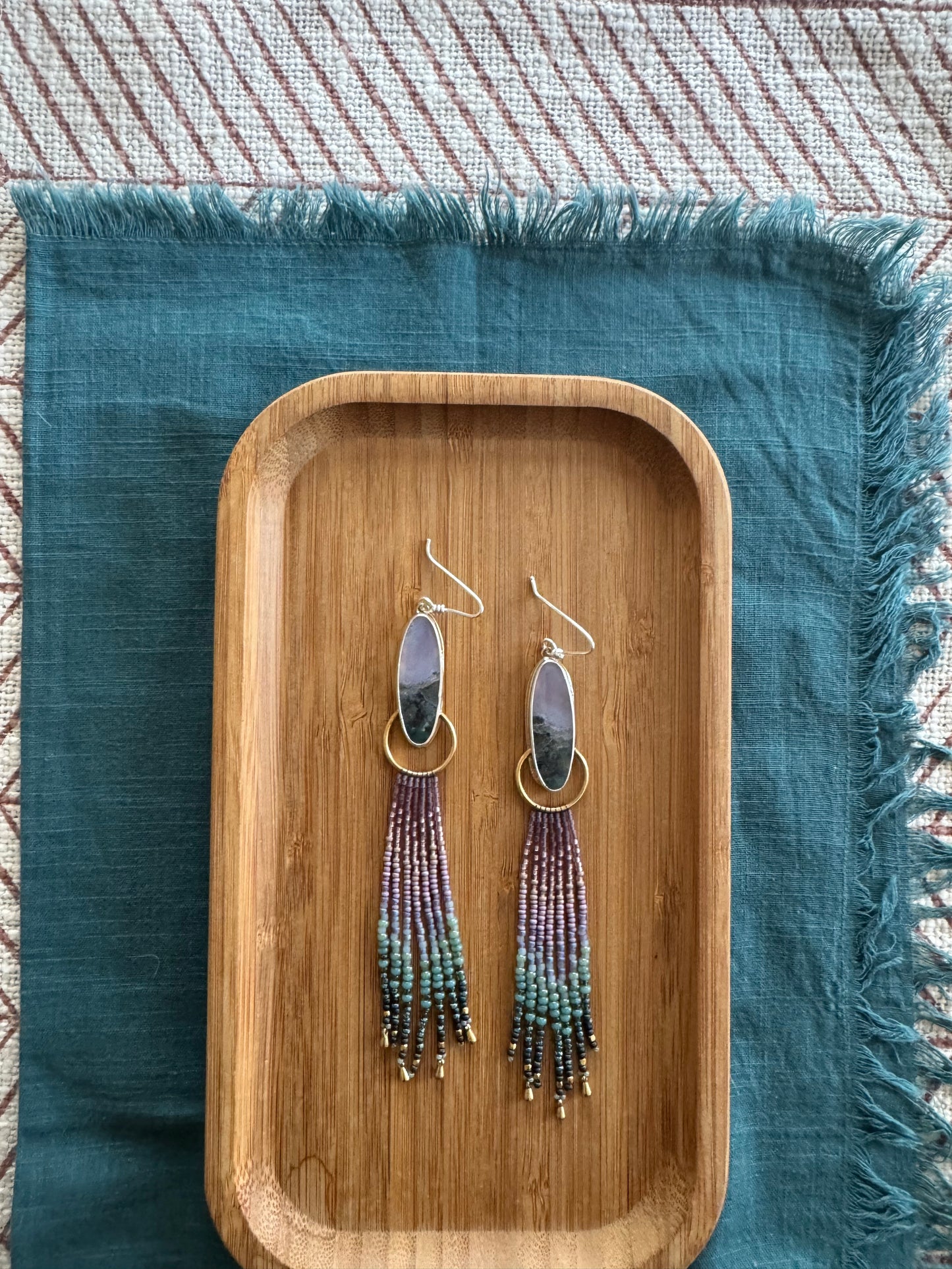 Mauve Mesa Oval Earrings | Purple Moss Agate Gemstones + Mauve Beaded Fringe