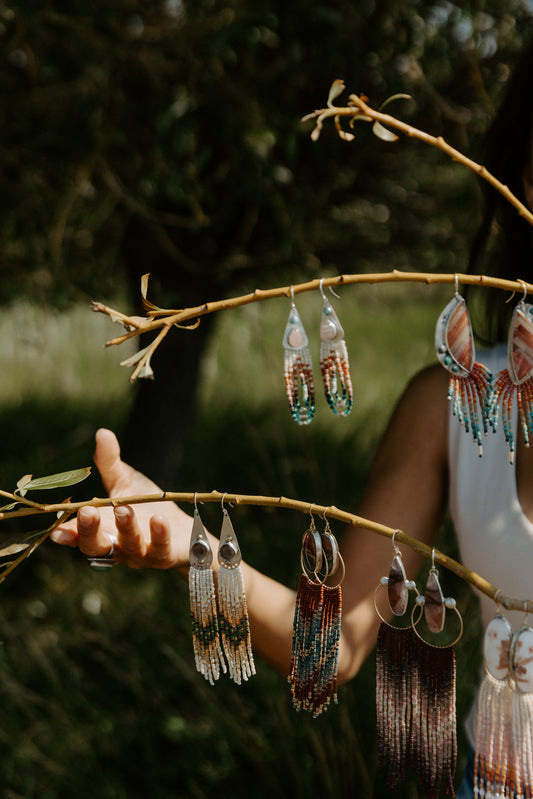 Rose Quartz + Larimar Turquoise Fringe Earrings | Sterling Silver + Beaded