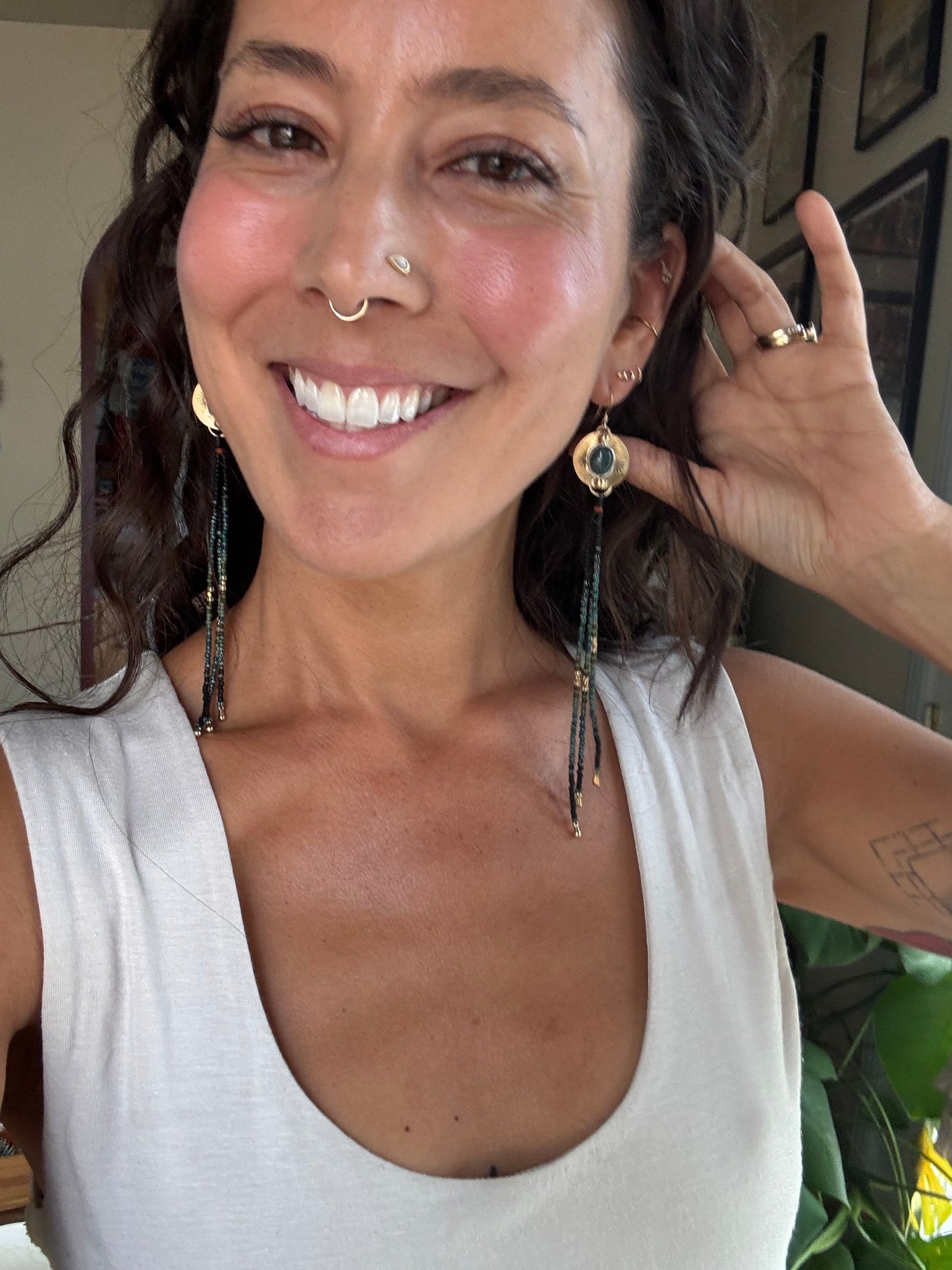 Moss Agate Gold Coin Fringe Earrings | Sterling Silver + Jasper