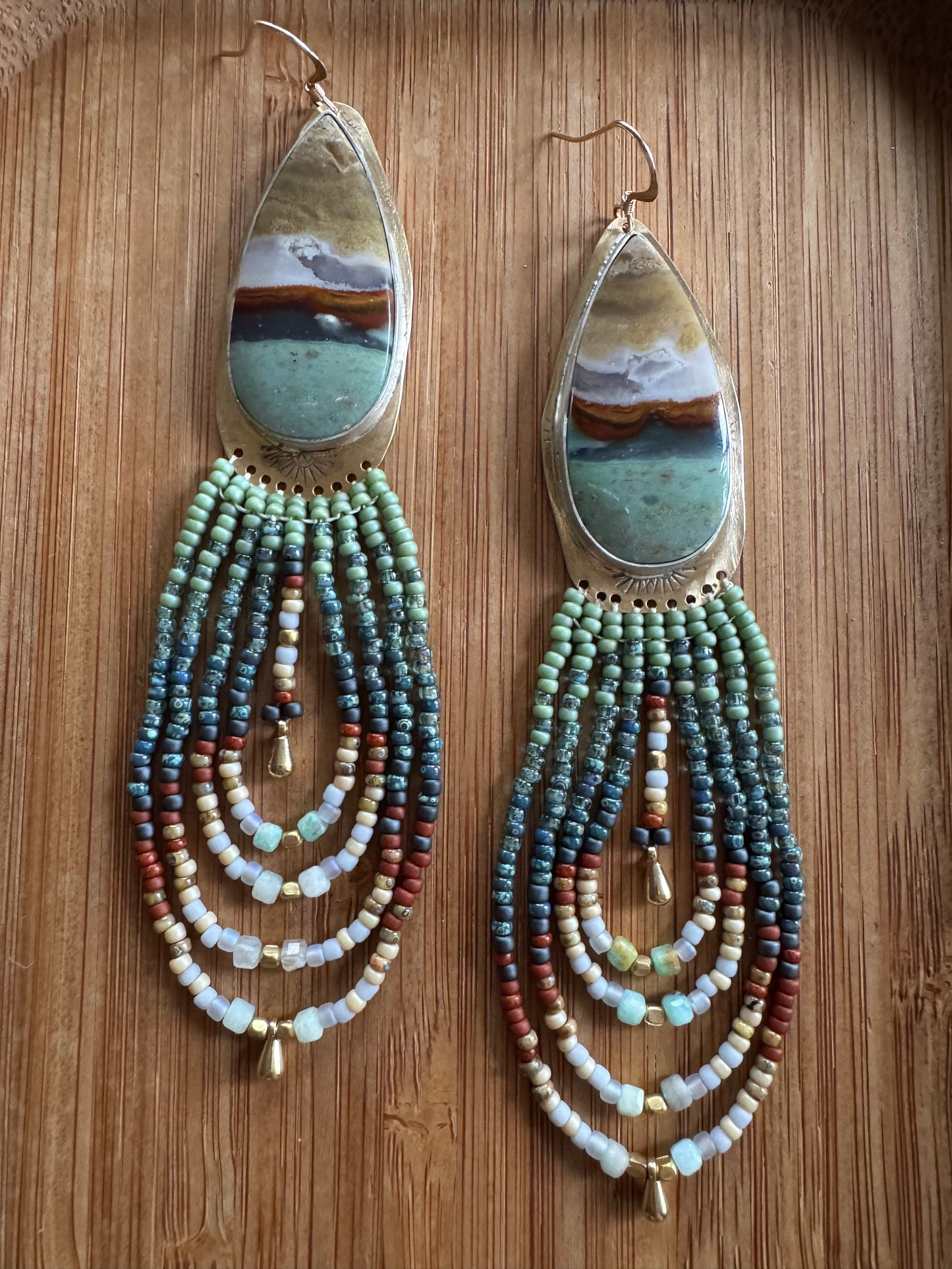 Riverstone Sky Fringe Earrings | Opalized Wood + Earth Beaded Dangles