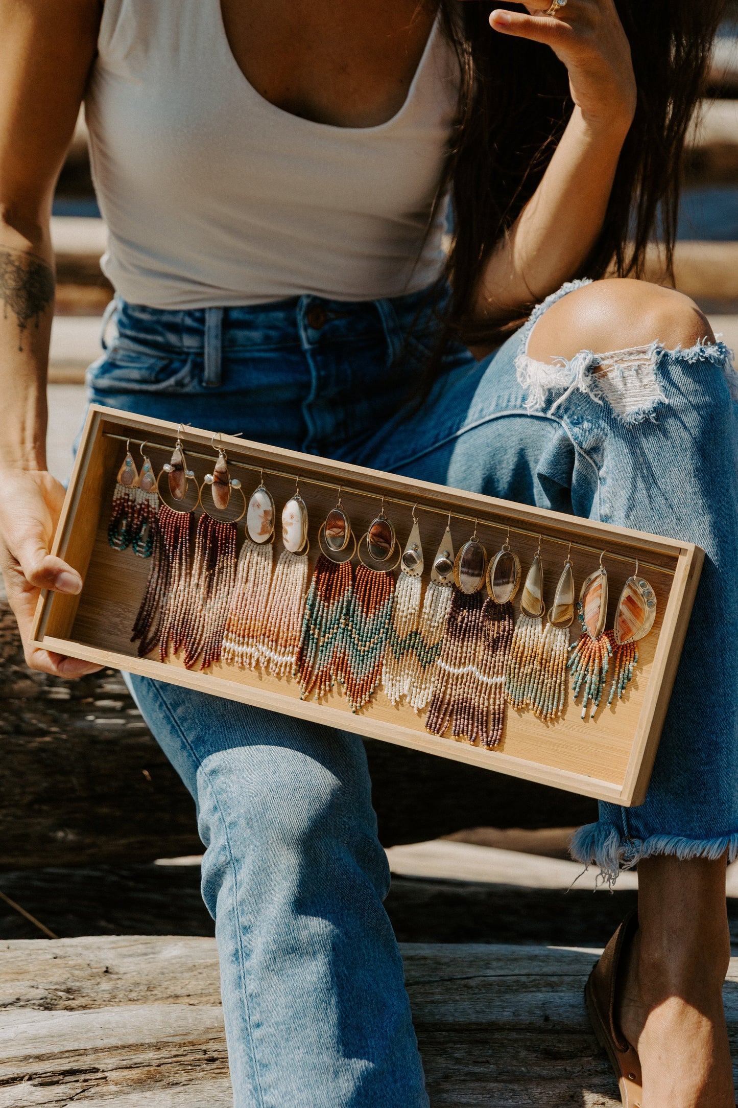 Desert Pink & Orange Jade Fringe Earrings | Long Sterling + Mauve Beadwork