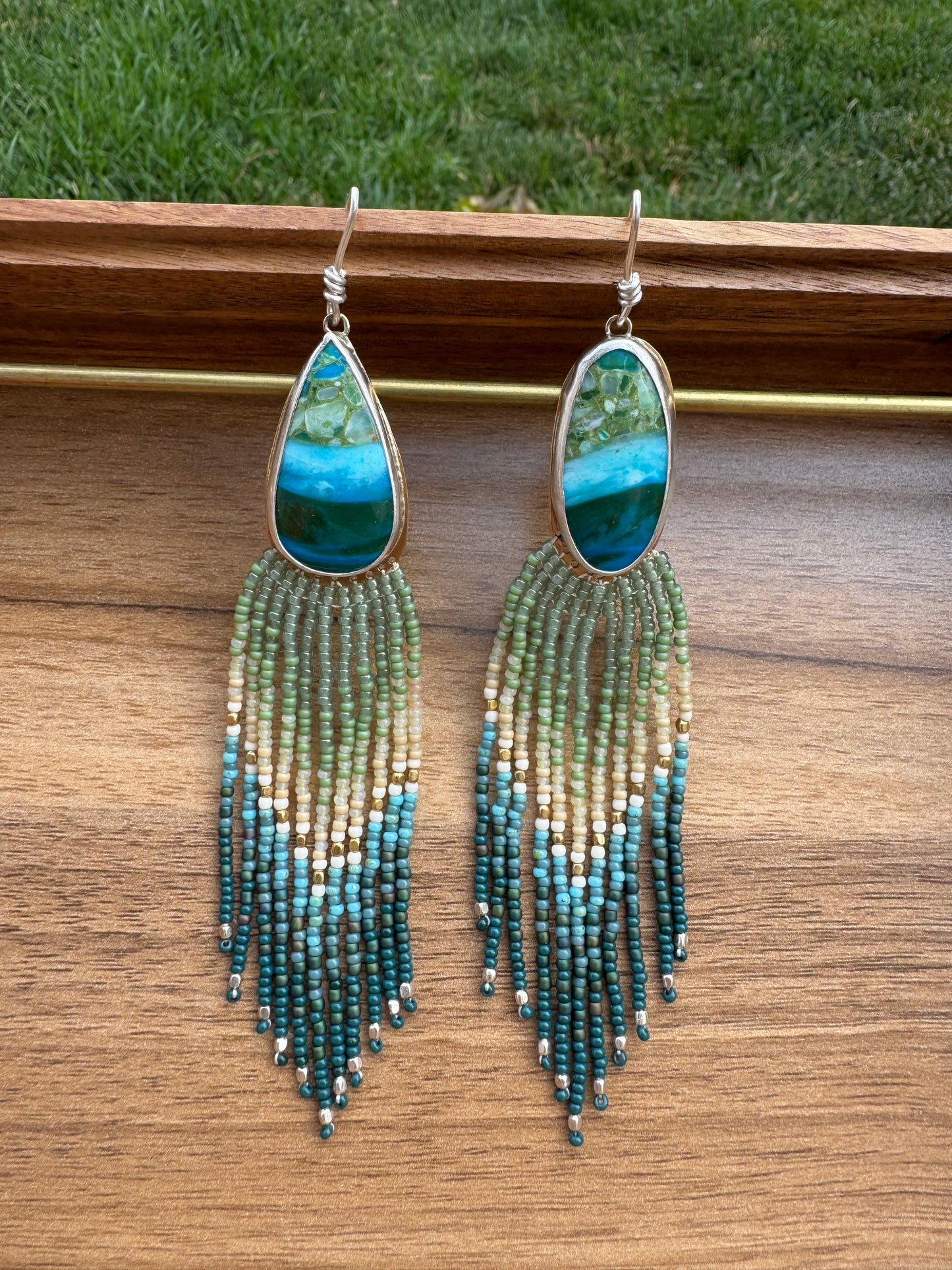 Turquoise Tide Teardrop Earrings | Blue Opalized Gemstones + Teal Beaded Fringe