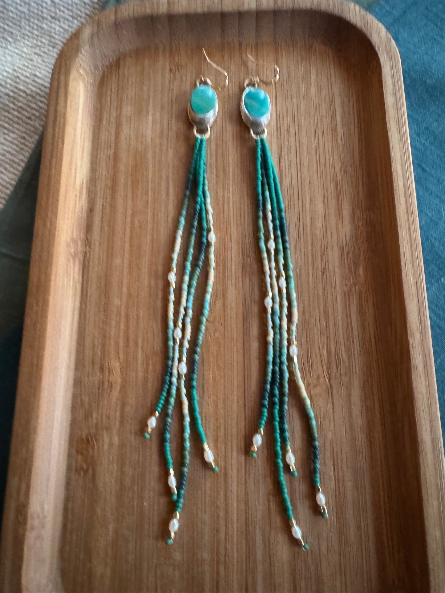 Evergreen Tide Fringe Earrings | Cloud Mountain Turquoise + Pearl Beaded Dangles