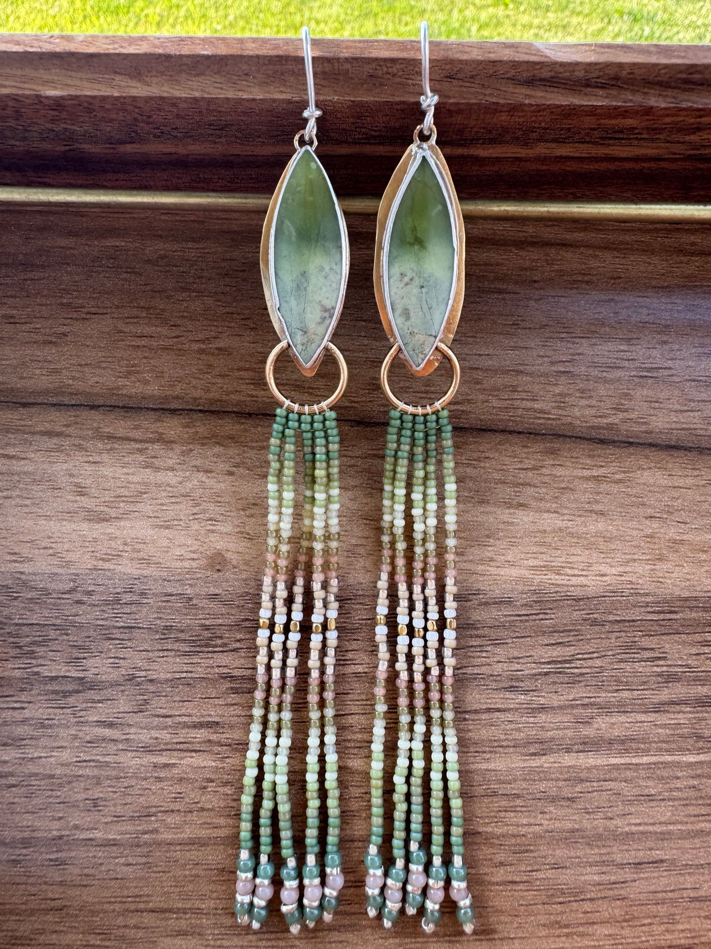 Sage Marquise Earrings | Vesuvinite Gemstones + Sage Beaded Fringe