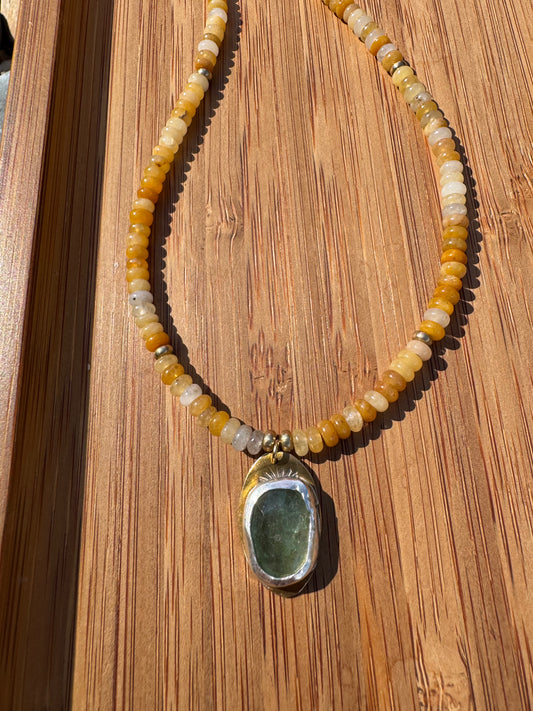 Golden Meadow | Yellow Jade Beads + Green Strawberry Quartz Pendant Necklace