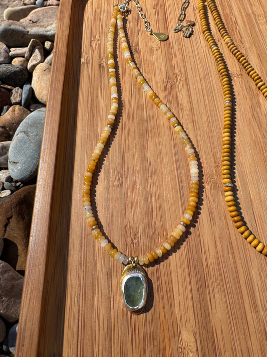 Golden Meadow | Yellow Jade Beads + Green Strawberry Quartz Pendant Necklace