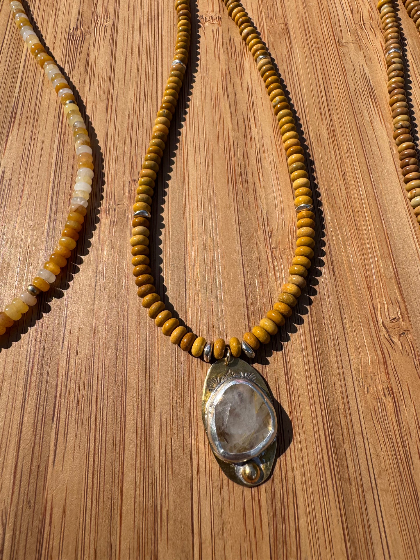 Golden Haze | Yellow Calcite Beads + Golden Rutilated Quartz Pendant Necklace