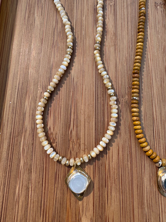 Moonlit Meadow | Mother of Pearl Beads + White Moonstone Pendant Necklace