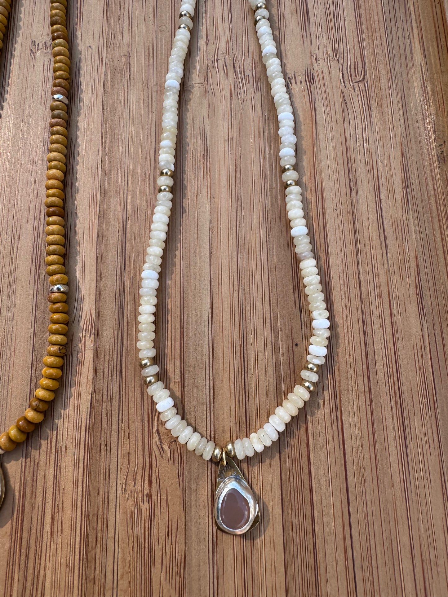 Desert Moon | Mother of Pearl Beads + Peach Moonstone Pendant Necklace