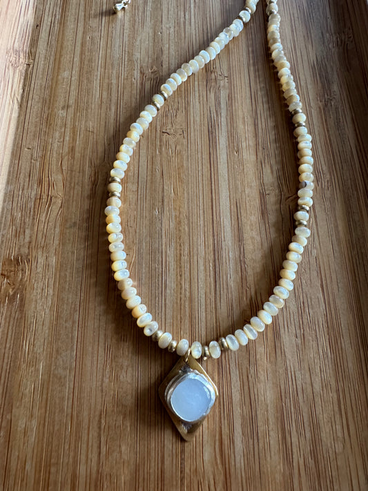 Moonlit Meadow | Mother of Pearl Beads + White Moonstone Pendant Necklace