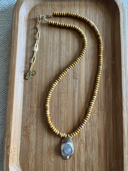 Golden Haze | Yellow Calcite Beads + Golden Rutilated Quartz Pendant Necklace