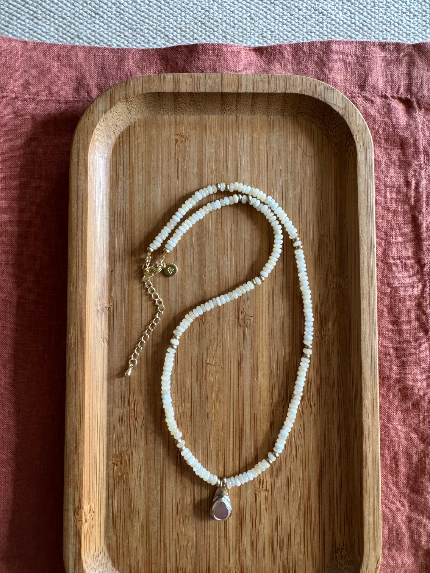 Desert Moon | Mother of Pearl Beads + Peach Moonstone Pendant Necklace