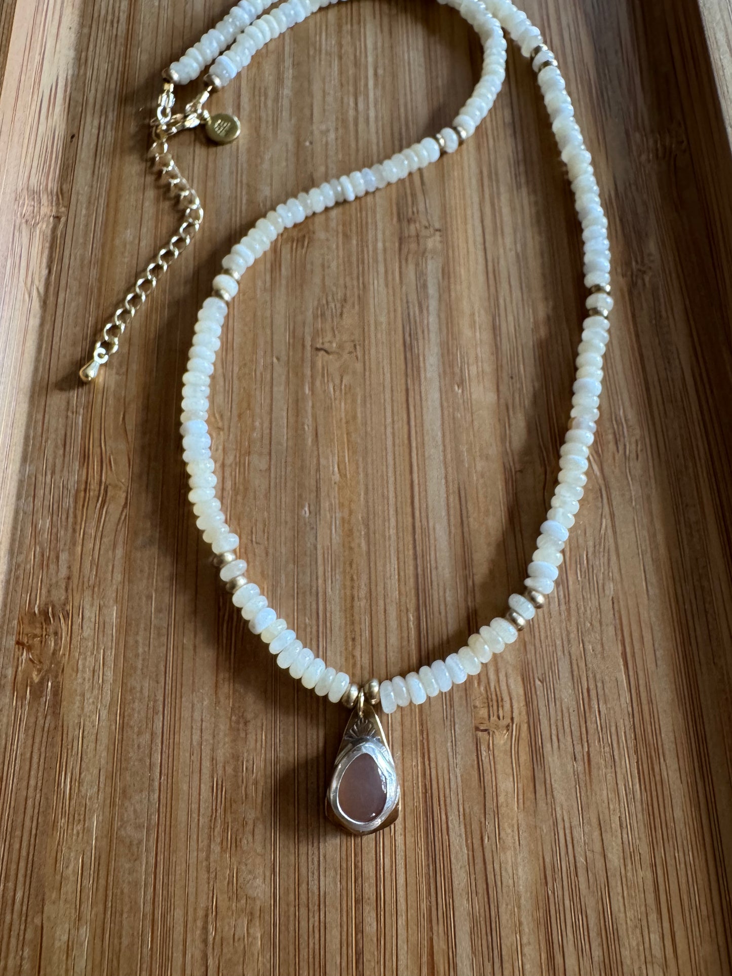 Desert Moon | Mother of Pearl Beads + Peach Moonstone Pendant Necklace