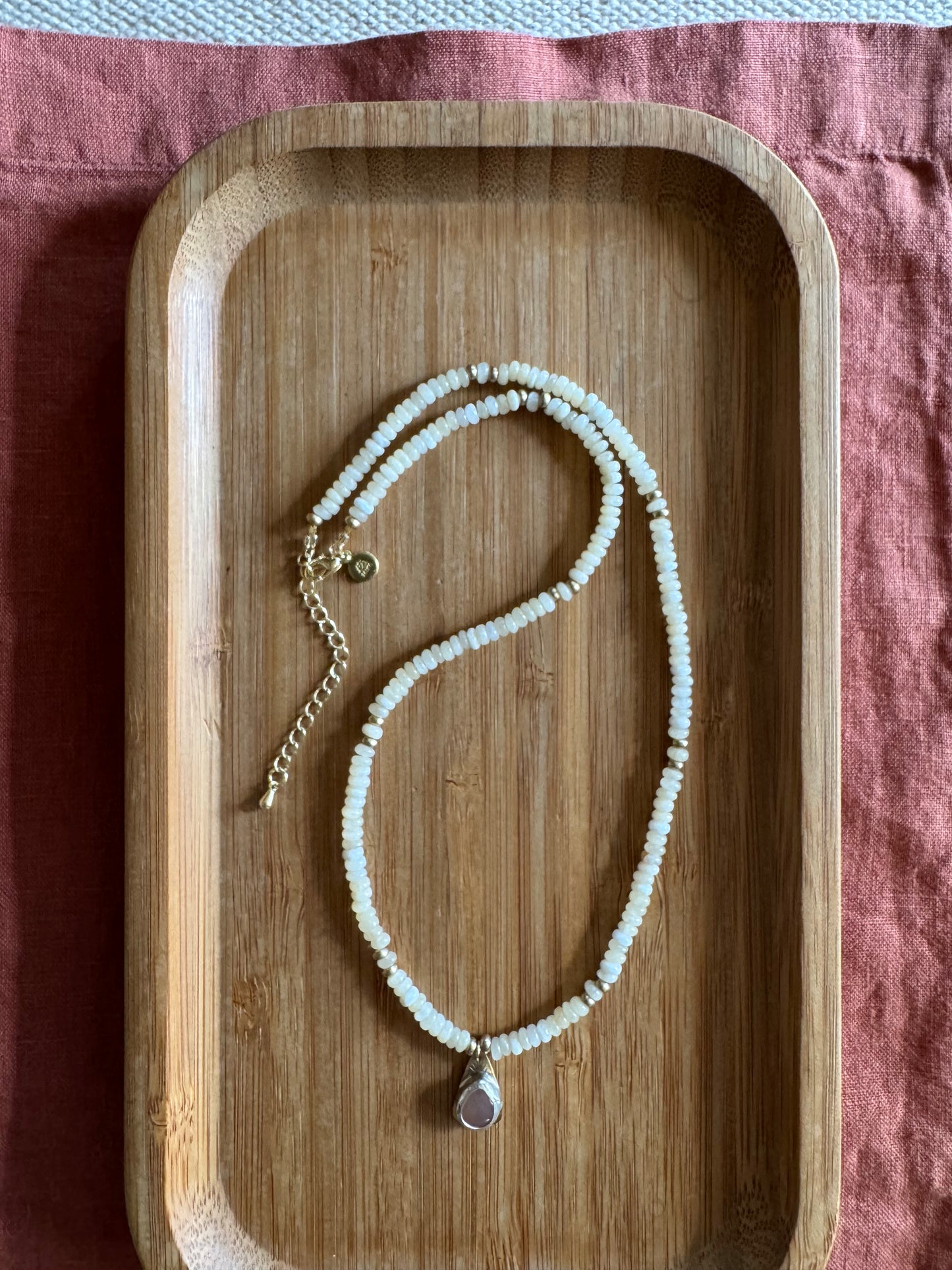 Desert Moon | Mother of Pearl Beads + Peach Moonstone Pendant Necklace