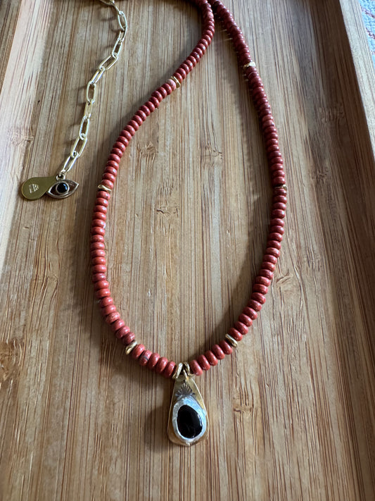 Red Earth | Red Jasper Beads + Smoky Quartz Pendant Necklace