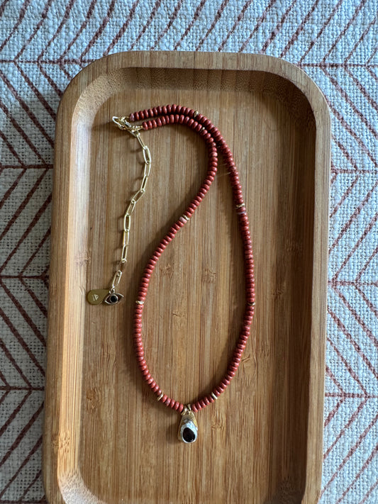 Red Earth | Red Jasper Beads + Smoky Quartz Pendant Necklace
