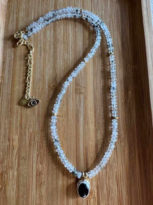 Midnight Crystal | Mica in Quartz Beads + Black Onyx Pendant Necklace