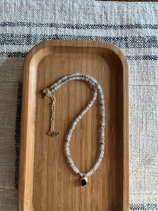 Midnight Crystal | Mica in Quartz Beads + Black Onyx Pendant Necklace