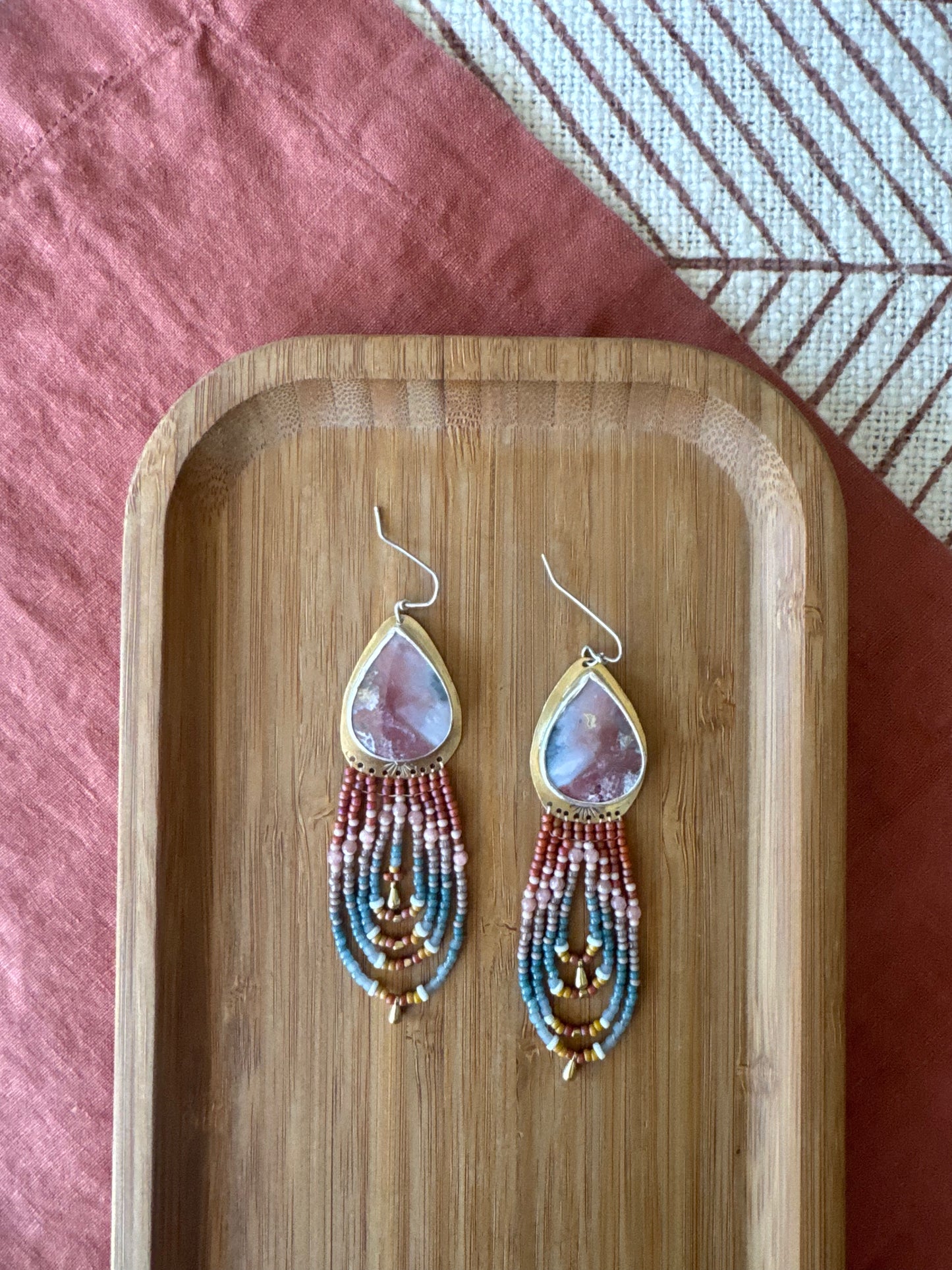 Rosewood Canyon Teardrop Earrings | Scenic Opalized Gemstones + Turquoise Beaded Fringe