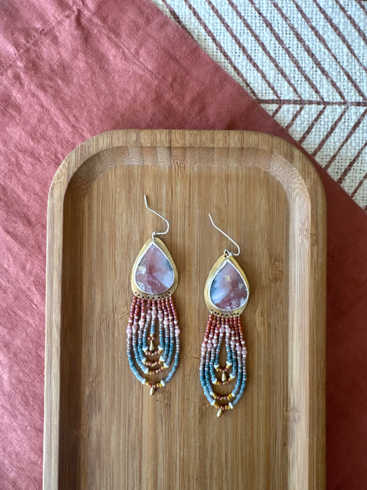 Rosewood Canyon Teardrop Earrings | Scenic Opalized Gemstones + Turquoise Beaded Fringe