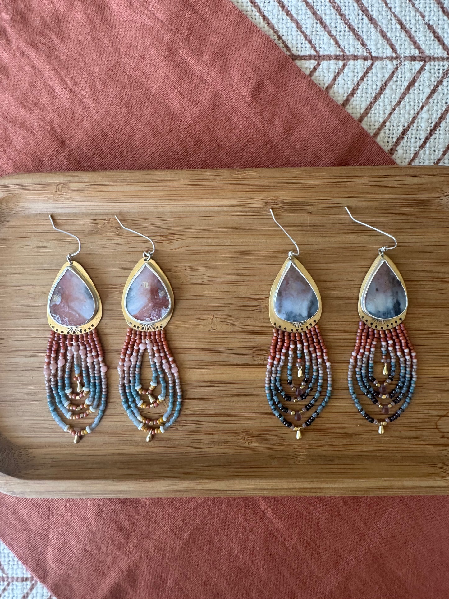 Rosewood Canyon Teardrop Earrings | Scenic Opalized Gemstones + Turquoise Beaded Fringe