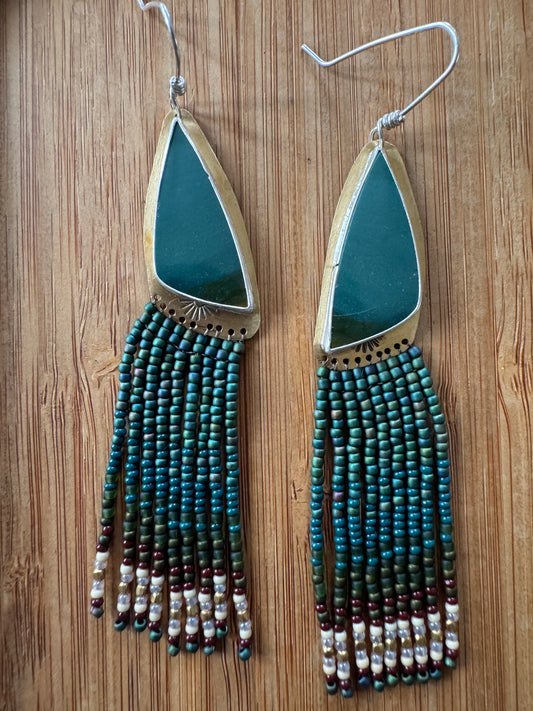 Deep Pine Triangle Earrings | Jasper Gemstones + Onyx Beaded Fringe