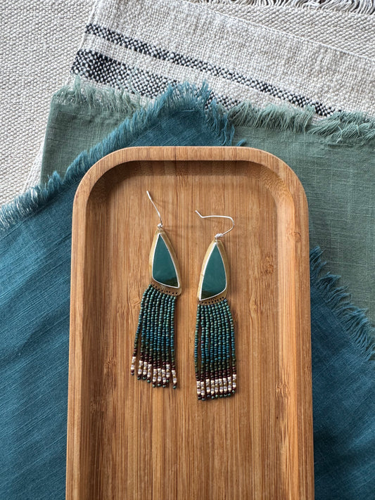 Deep Pine Triangle Earrings | Jasper Gemstones + Onyx Beaded Fringe