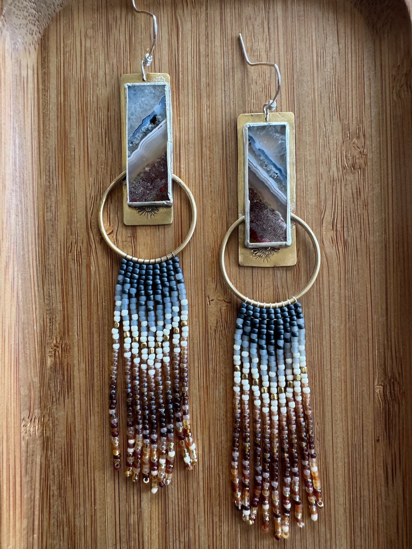 Slate Bar Hoop Earrings | Druzy Agate Gemstones + Denim Beaded Fringe