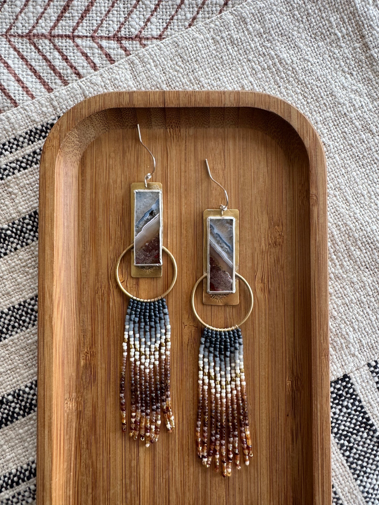 Slate Bar Hoop Earrings | Druzy Agate Gemstones + Denim Beaded Fringe