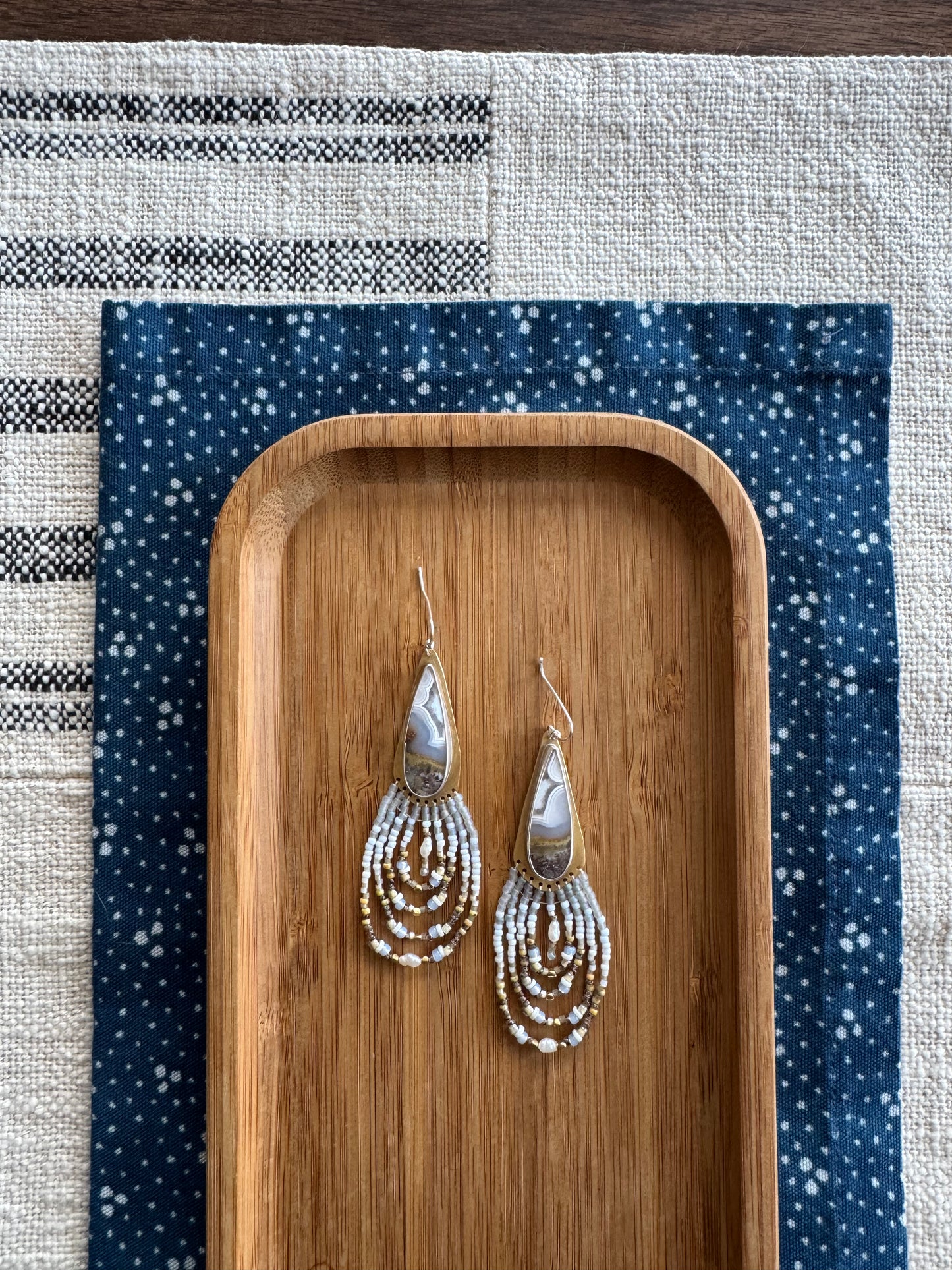 Frosted Druzy Teardrop Earrings | Moss Agate + Silver Beaded Dangles
