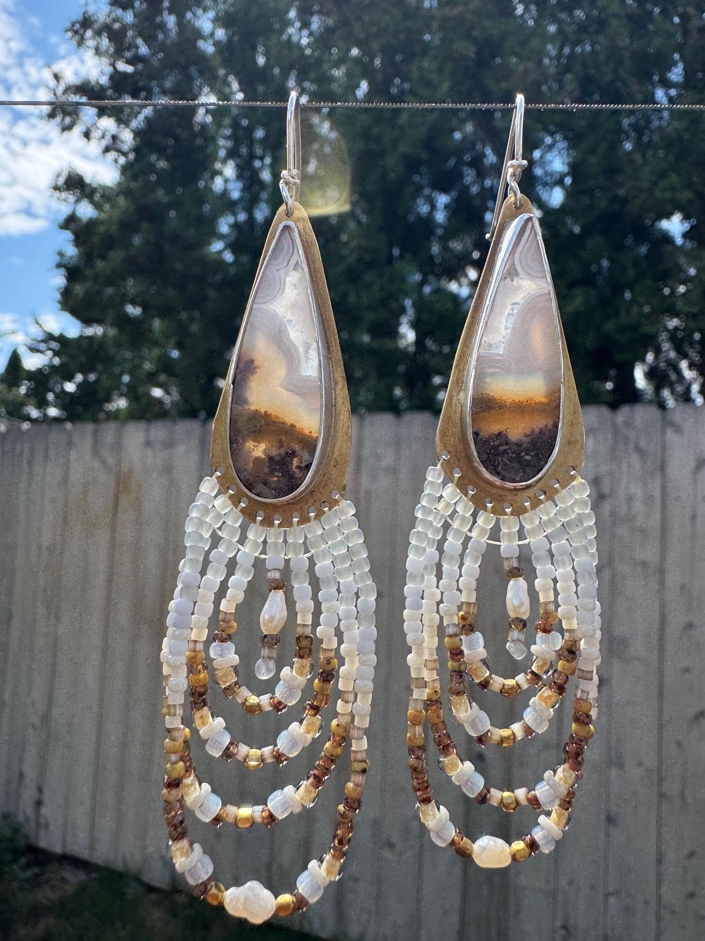 Frosted Druzy Teardrop Earrings | Moss Agate + Silver Beaded Dangles