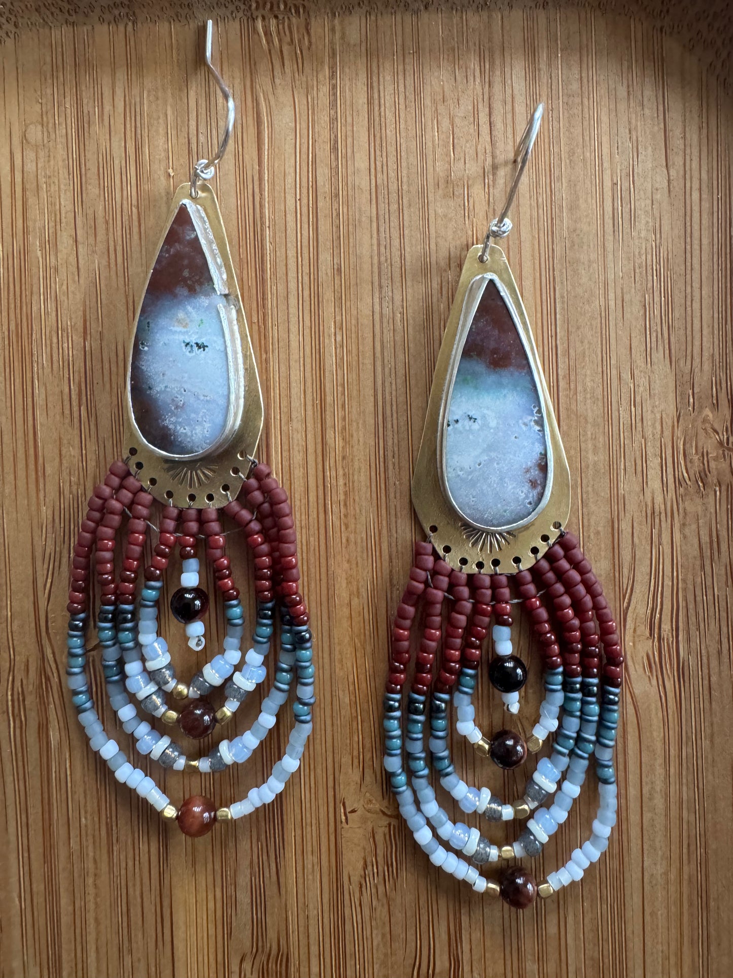 Twilight Teardrop Earrings | Agate Gemstones + Red Tiger Eye Gemstone Beaded Fringe