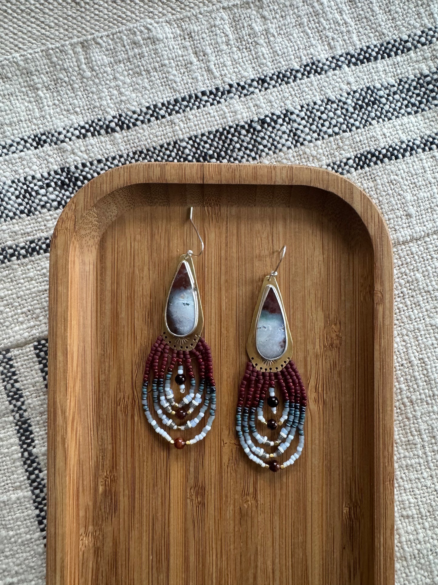 Twilight Teardrop Earrings | Agate Gemstones + Red Tiger Eye Gemstone Beaded Fringe