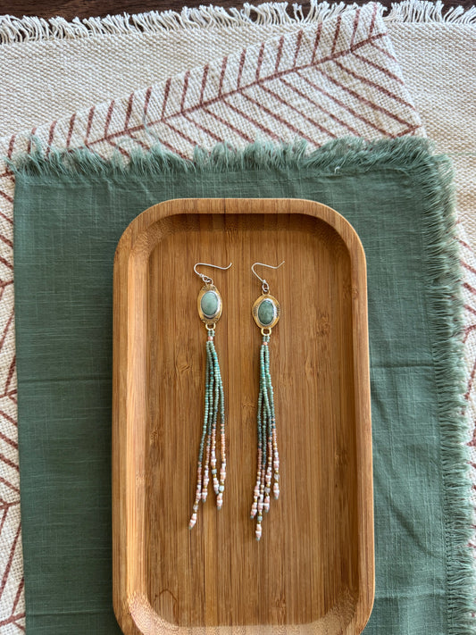 Sage Trail Fringe Earrings | Turquoise + Sage Beaded Dangles