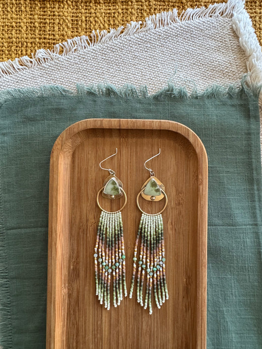 Sage Meadow Triangle Earrings | Vesuvianite Gemstones + Mint Beaded Fringe