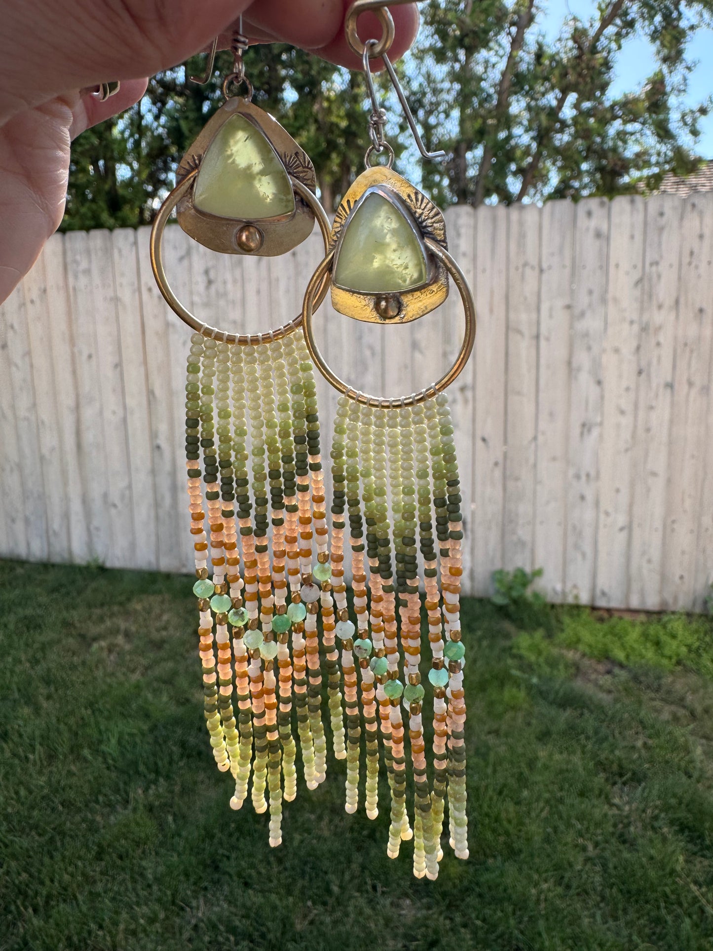 Sage Meadow Triangle Earrings | Vesuvianite Gemstones + Mint Beaded Fringe