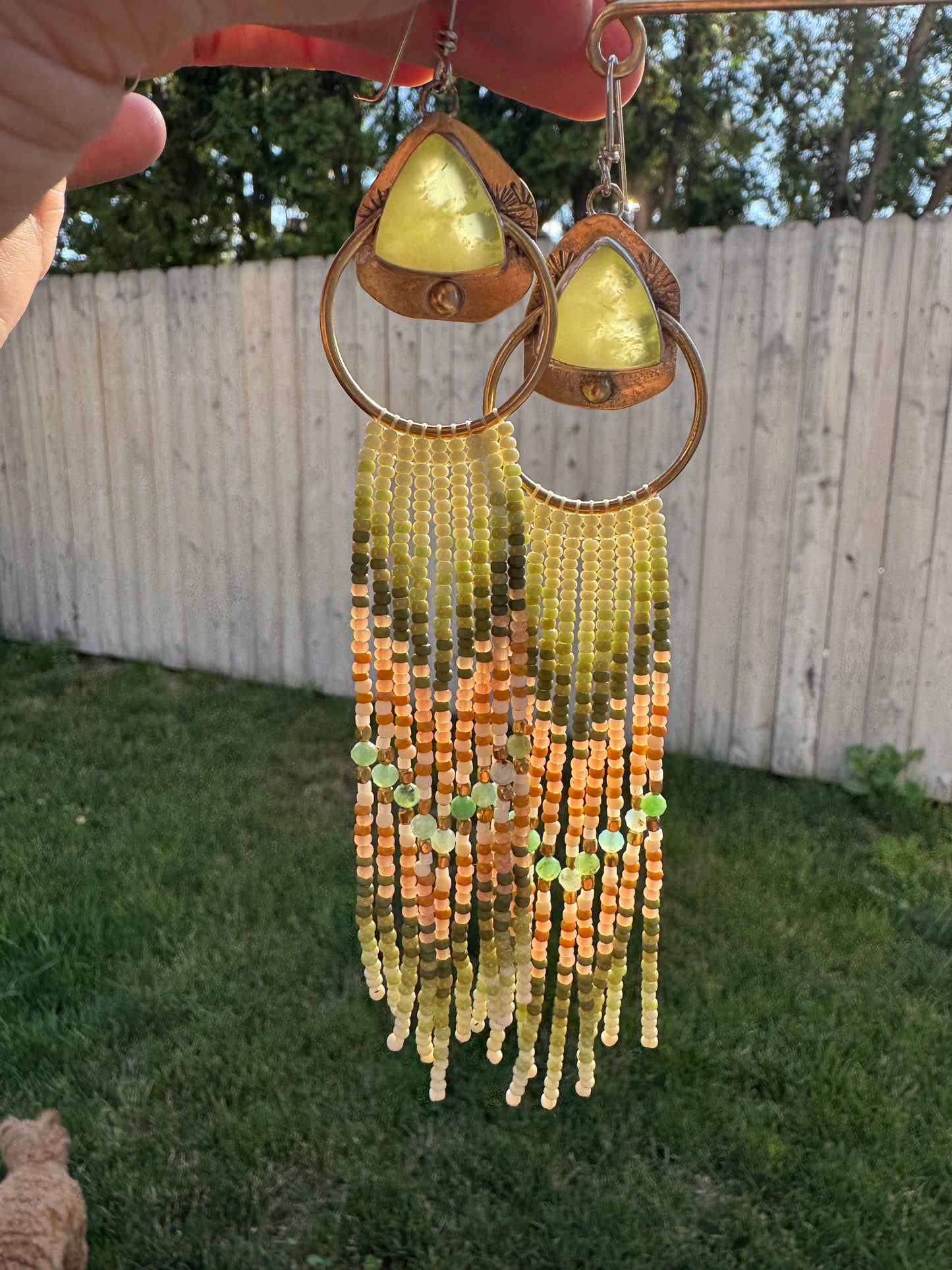 Sage Meadow Triangle Earrings | Vesuvianite Gemstones + Mint Beaded Fringe
