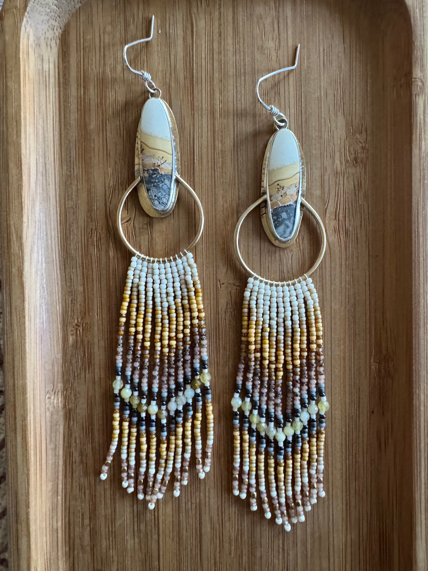 Desert Horizon Hoop Earrings | Maligano Jasper + Cream Beaded Fringe